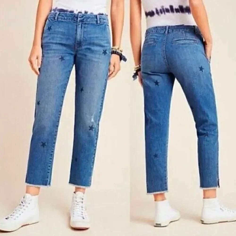 Sundry Soleil Star Print Stamped Raw Hem Distressed Cropped Ankle Jeans Size 27
